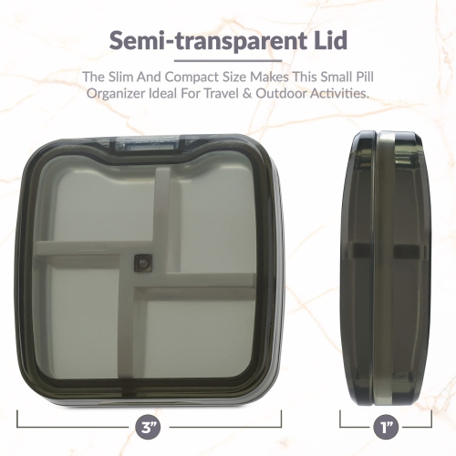 Compact Pill Box Organizer - Portable Waterproof Medicine Organizer and Daily Pill Container with Removable 4 Compartment Divider - Dark Grey