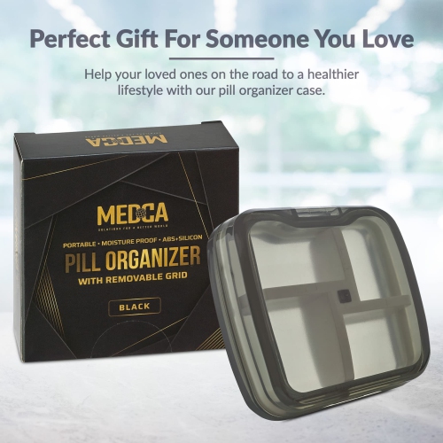 Compact Pill Box Organizer - Portable Waterproof Medicine Organizer and Daily Pill Container with Removable 4 Compartment Divider - Dark Grey