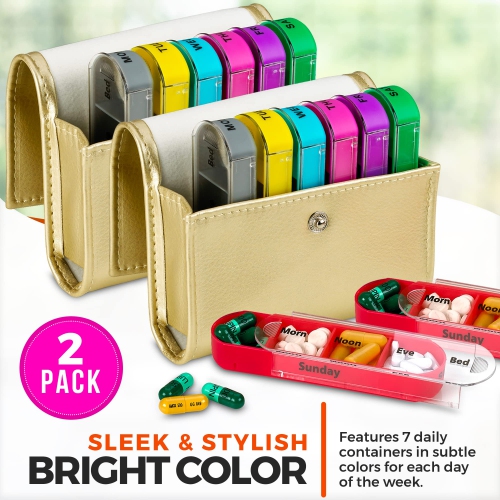 Weekly Travel Pill Organizer - Medication Wallet Pill Box Reminders, Pill Container Dispenser Case, Vitamin Caddy Organizer, for 4 Times A Day, 7