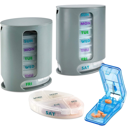 Weekly Pill Organizers with Pill Cutter Splitter 4 Times a Day Weekly Medication Dispenser Reminder, 7-Day Stackable Compartments