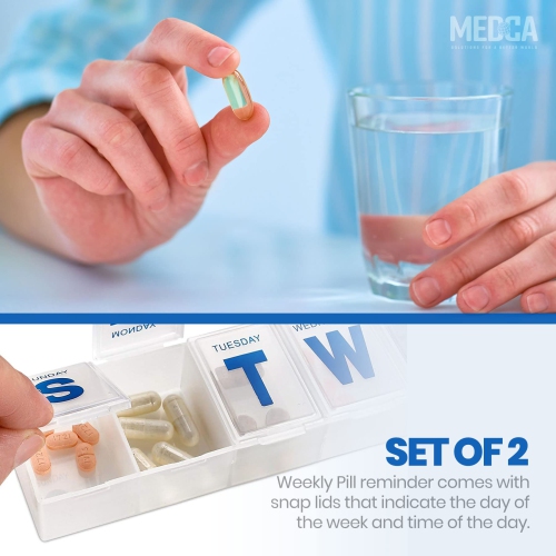 Weekly Pill Organizer - 7-Day Pill Planner Large Pill Planner and Daily Pill Organizer and Medicine Reminder, Monday to Sunday Compartments - Travel