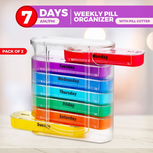 Weekly Pill Organizers with Pill Cutter - V-Grip Pill Splitter Stackable Pill, Medicine, Vitamin Organizer with 4 Times-a-Day Daily Compartments