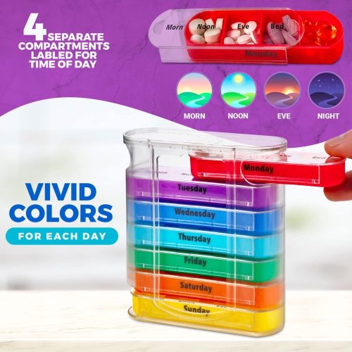 Weekly Pill Organizers with Pill Cutter - V-Grip Pill Splitter Stackable Pill, Medicine, Vitamin Organizer with 4 Times-a-Day Daily Compartments