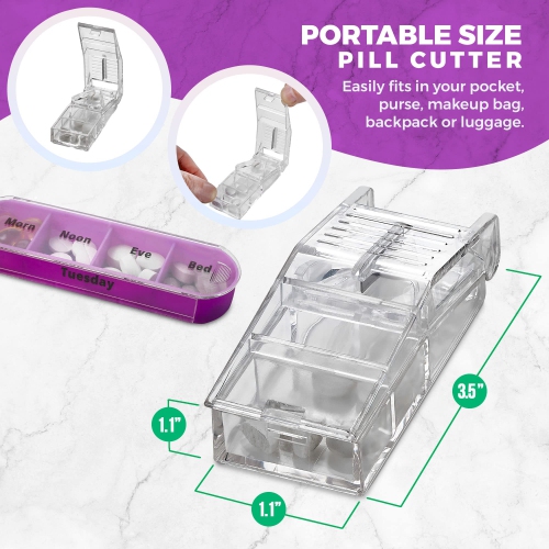 Weekly Pill Organizers with Pill Cutter - V-Grip Pill Splitter Stackable Pill, Medicine, Vitamin Organizer with 4 Times-a-Day Daily Compartments