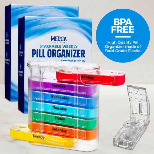 Weekly Pill Organizers with Pill Cutter - V-Grip Pill Splitter Stackable Pill, Medicine, Vitamin Organizer with 4 Times-a-Day Daily Compartments