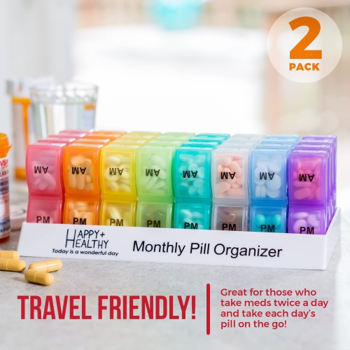 Monthly Pill Organizer - 2 Pack - 31 Day Am/Pm Daily Pill Organizer 32 Pill Cases for Each Day, Pill Dispenser and Monthly Pill Organizer Box for
