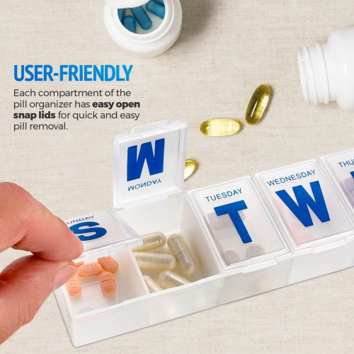 Weekly Pill Organizer - Extra Large Pill, Medicine, Vitamin Organizer Box, Weekly, Daily Planner Container with Easy to Read Letters, BPA Free