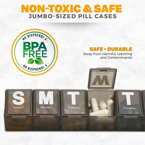 Weekly Pill Organizer - Extra Large Vitamin Container with Jumbo Easy to Read Letters, BPA Free - Daily Travel 7 Day Medication Pill Box Case, (Black)