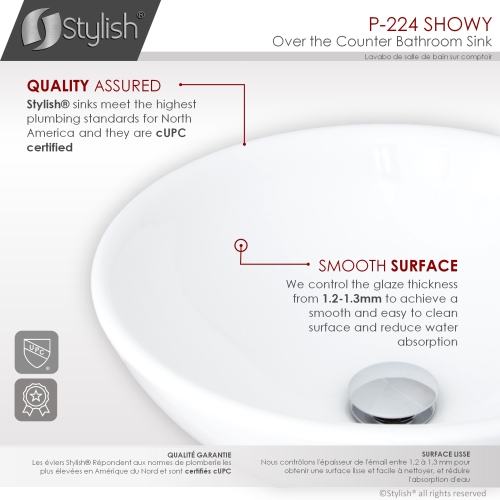 A - 16" White Round Porcelain Vessel Bathroom Sink P-224 by STYLISH - Open Box condition - Image 3