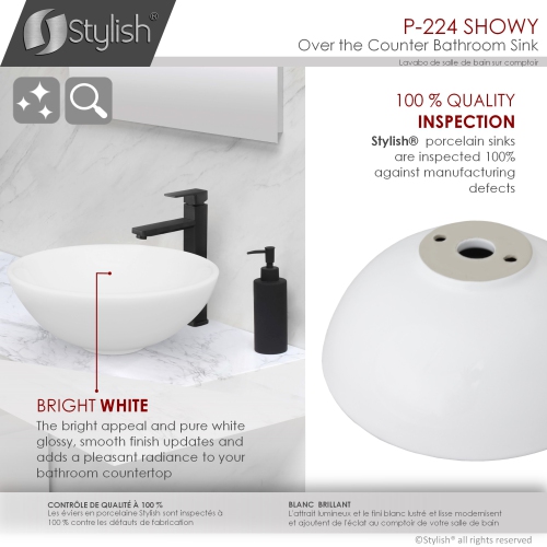 A - 16" White Round Porcelain Vessel Bathroom Sink P-224 by STYLISH - Open Box condition - Image 4