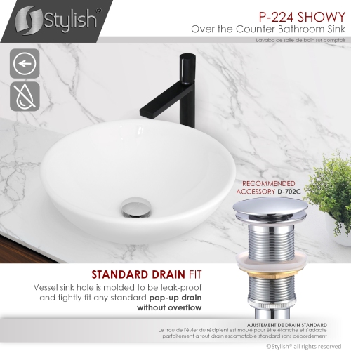A - 16" White Round Porcelain Vessel Bathroom Sink P-224 by STYLISH - Open Box condition - Image 5