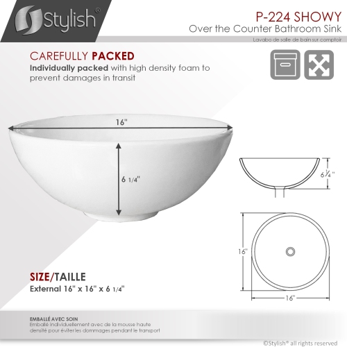 A - 16" White Round Porcelain Vessel Bathroom Sink P-224 by STYLISH - Open Box condition - Image 6