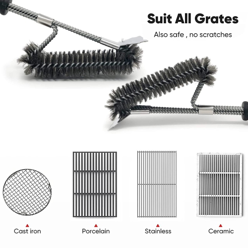 2 Pack BBQ Brush, 18 inch BBQ Brush Cleaner for Grill BBQ, Stainless Steel Barbecue Brush Bristle Free with Scraper & Multiple BBQ Grill Brush Heads,