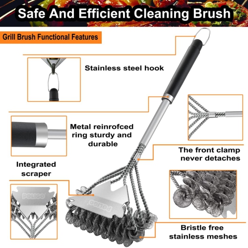 BBQ Grill Brush and Scraper Bristle Free Barbecue Brush, 18inch Stainless Steel BBQ Brush Cleaner with Scraper for Efficiently Cleaning, Safe BBQ
