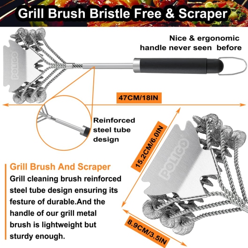 BBQ Grill Brush and Scraper Bristle Free Barbecue Brush, 18inch Stainless Steel BBQ Brush Cleaner with Scraper for Efficiently Cleaning, Safe BBQ
