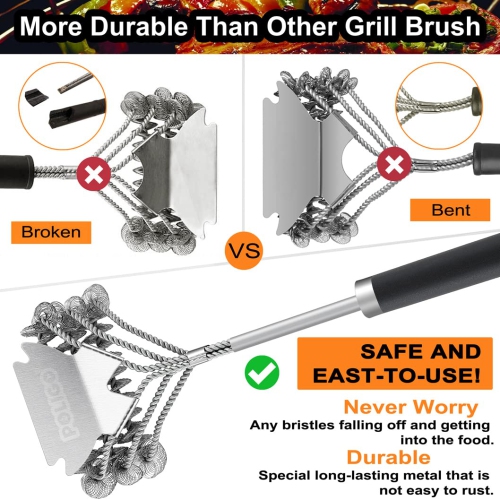 BBQ Grill Brush and Scraper Bristle Free Barbecue Brush, 18inch Stainless Steel BBQ Brush Cleaner with Scraper for Efficiently Cleaning, Safe BBQ