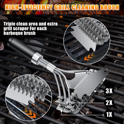BBQ Brush, 2 Pack BBQ Grill Cleaner Brushes, Stainless Steel BBQ Brush, Heavy Duty Grill Brush with Grill Scraper, Effective Cleaning Grill BBQ