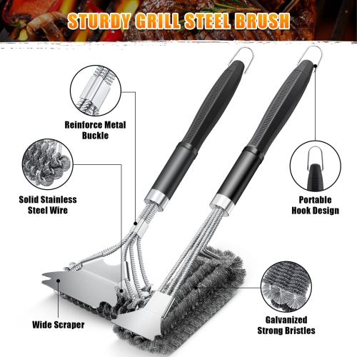 BBQ Brush, 2 Pack BBQ Grill Cleaner Brushes, Stainless Steel BBQ Brush, Heavy Duty Grill Brush with Grill Scraper, Effective Cleaning Grill BBQ