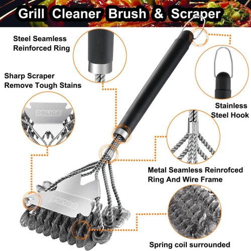 BBQ Grill Cleaning Brush Bristle Free & Scraper - Triple Helix Design Barbecue Cleaner - Non-Bristle Grill Brush and Scraper Safe for Gas Charcoal
