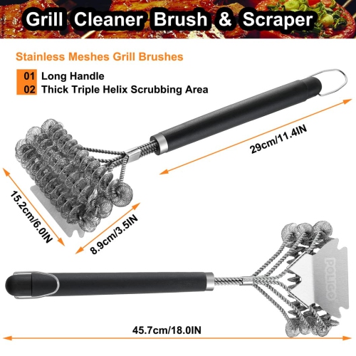 BBQ Grill Cleaning Brush Bristle Free & Scraper - Triple Helix Design Barbecue Cleaner - Non-Bristle Grill Brush and Scraper Safe for Gas Charcoal