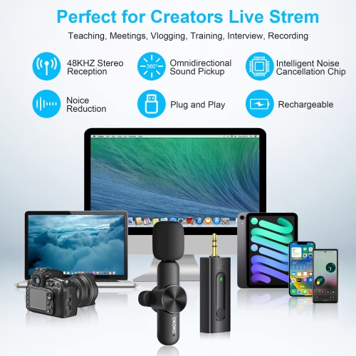 Wireless Lavalier Microphone for iPhone/Android Phones/DSLR Camera/Laptop/MacBook/GoPro/Camcorder, Professional Lapel Mic for Video