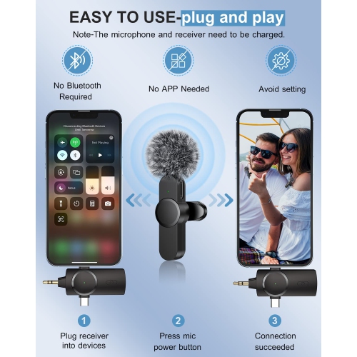 Dual Wireless Microphones for iPhone/Android Phone/Camera/Laptop, Wireless Lavalier Microphone for Video Recording Podcast YouTube TikTok Facebook,