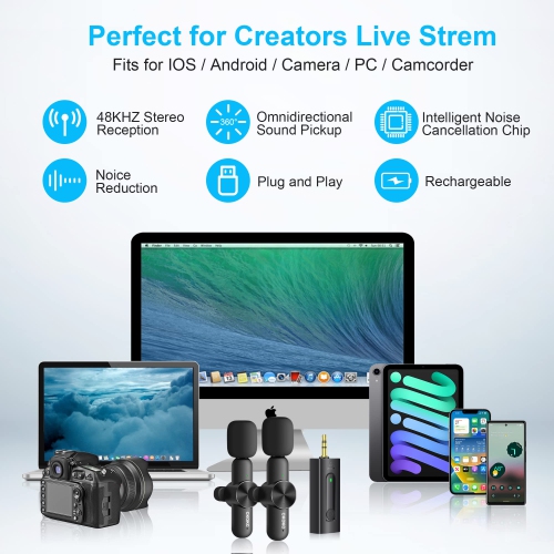 Dual Wireless Lavalier Microphone for iPhone/Android Phones/DSLR Camera/Laptop/MacBook/GoPro/Camcorder, Professional Lapel Mic for Video