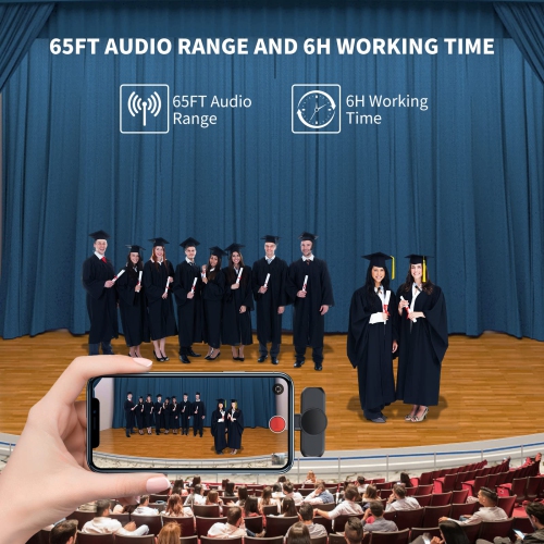 Wireless Lavalier Microphone for iPhone iPad Android, Dual Mics & Receivers, 65FT Range 6H Battery Plug & Play, Noise Reduction Mic for Video,