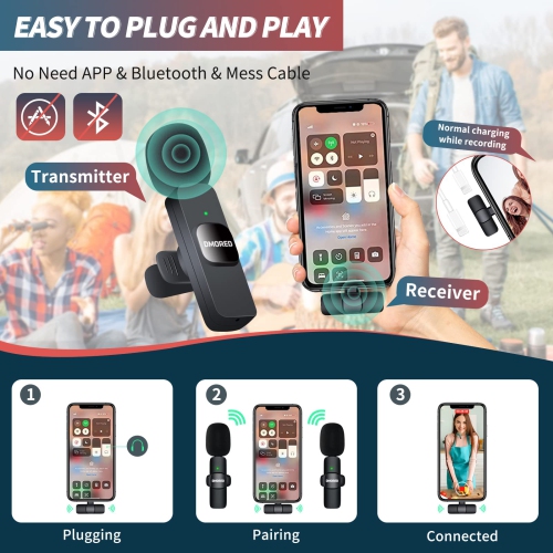 2 Pack Wireless Lavalier Microphones for iPhone iPad, Mini Wireless Lapel Mics System for Video Recording TikTok YouTube Live Stream - Plug&Play,