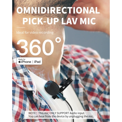 Microphone Professional for iPhone Lavalier Lapel Omnidirectional Condenser Mic Phone Audio Video Recording Easy Clip-on Lavalier Mic for YouTube