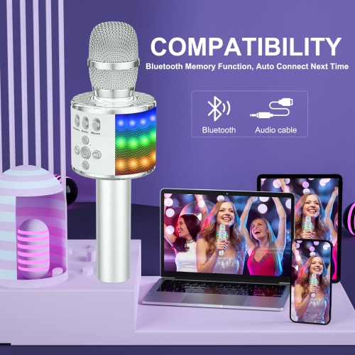 Wireless Bluetooth Karaoke Microphone with Controllable LED Lights, 4-in-1 Portable Handheld Mic Speaker for All Smartphones, Birthday for Kids
