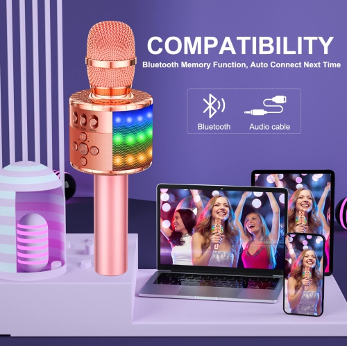 Bluetooth Wireless Karaoke Microphone with Controllable LED Lights, Portable Handheld Karaoke Speaker Machine Birthday Home Party for PC or All