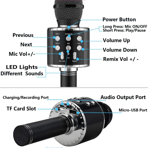 Wireless Bluetooth Karaoke Microphone, 3-in-1 Portable Handheld Mic Speaker Machine for All Smartphones, Gift for Girls Boys Kids Adults All Age