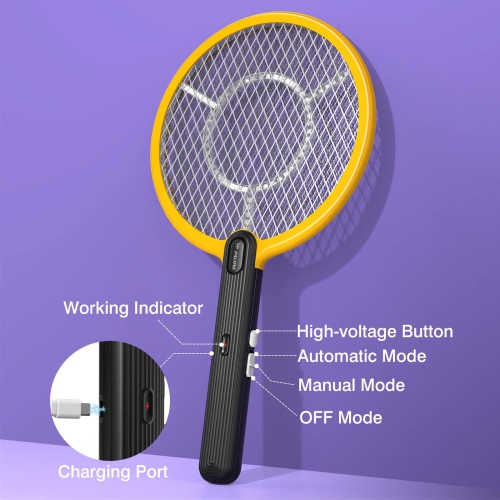 Bug Zapper Racket 2 in 1Electric Standing Fly Swatter with 4000V High Power Grid, 3-Layer Safety Mesh, Suitable for Indoors and Outdoors