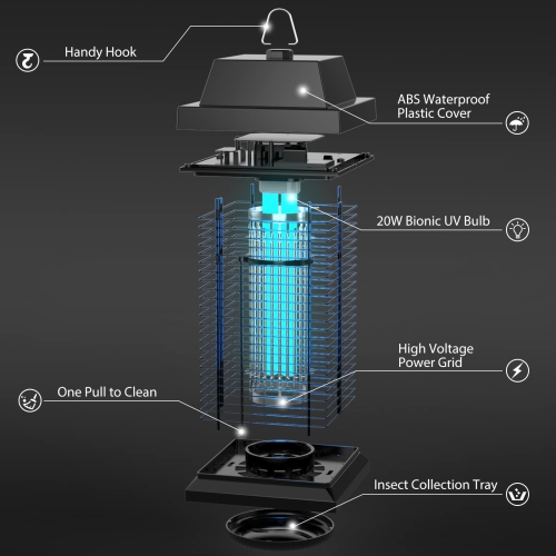 Bug Zapper 4500v 20w Uv Mosquito Trap Lamp with Metal Housing, Waterproof Electronic Fly Zapper for Indoor and Outdoor Use for Bedroom, Home, Garden