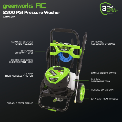 Greenworks PRO&nbsp;2300 PSI 2.3 GPM 14 Amp Electric Pressure Washer - GPW2300