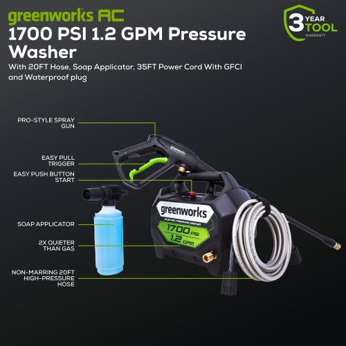 Greenworks 1700 PSI 1.2 GPM 13 Amp Cold Water Electric Pressure Washer - GPW1704