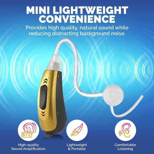 Mini BTE Slim Tube Digital Hearing Amplifier Left Ear - 2-Tone Battery Operated Personal Sound Device with 4 Programable Settings - Lightweight &