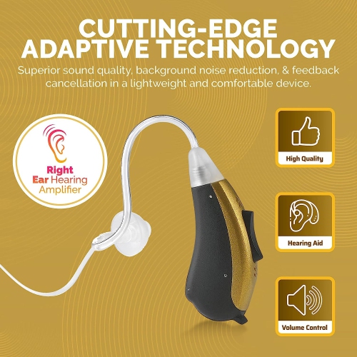 Mini BTE Slim Tube Digital Hearing Amplifier Right Ear - 2-Tone Battery Operated Personal Sound Device with 4 Programable Settings - Lightweight &