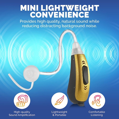 Mini BTE Slim Tube Digital Hearing Amplifier Right Ear - 2-Tone Battery Operated Personal Sound Device with 4 Programable Settings - Lightweight &