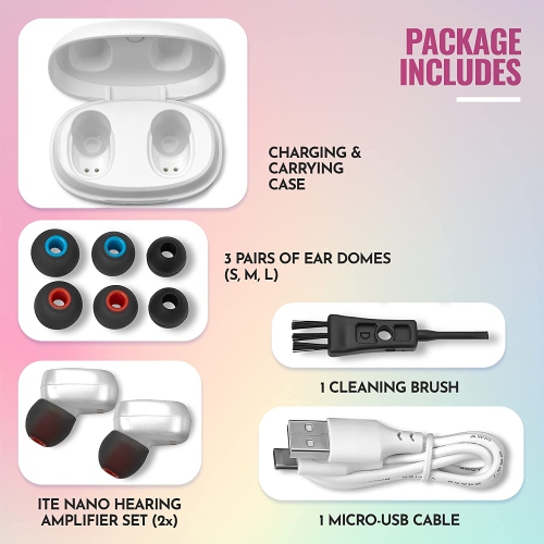 Rechargeable Hearing Amplifier Pair w/Noise Cancelling, Digital Sound Device Seniors & Adults - ITC Nano Personal Amplifier - One Touch Control & Low