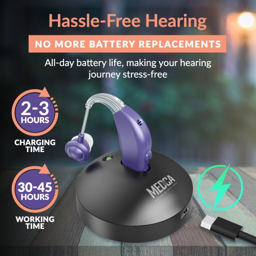 Rechargeable Digital Hearing Amplifier – BTE PSAP for Adults & Seniors, All-Day Battery Life, Stylish Purple Design, Single Unit for Personalized