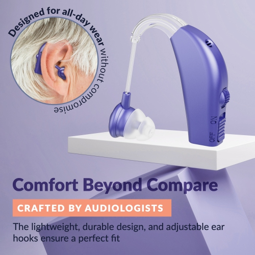 Rechargeable Digital Hearing Amplifier – BTE PSAP for Adults & Seniors, All-Day Battery Life, Stylish Purple Design, Single Unit for Personalized