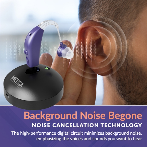 Rechargeable Digital Hearing Amplifier – BTE PSAP for Adults & Seniors, All-Day Battery Life, Stylish Purple Design, Single Unit for Personalized