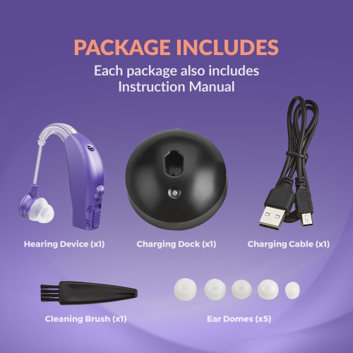 Rechargeable Digital Hearing Amplifier – BTE PSAP for Adults & Seniors, All-Day Battery Life, Stylish Purple Design, Single Unit for Personalized