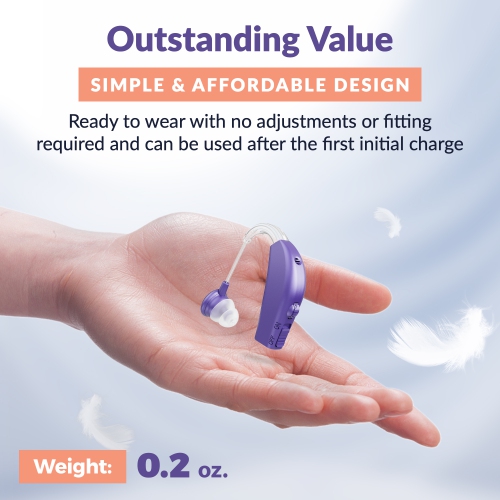 Rechargeable Digital Hearing Amplifier – BTE PSAP for Adults & Seniors, All-Day Battery Life, Stylish Purple Design, Single Unit for Personalized