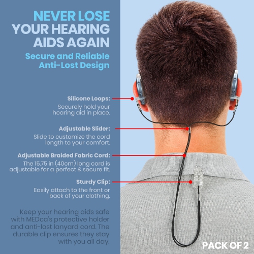 Hearing Aid Clips - Protective Holder with Anti Lost Lanyard Cord - Rope with Loops and Clip and Security Clip Ideal for Behind The Ear Hearing Aids