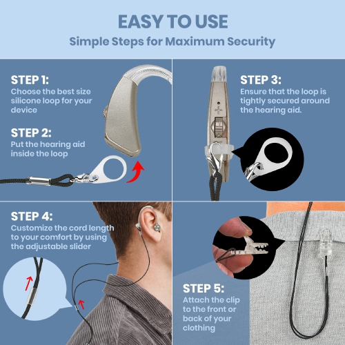 Hearing Aid Clips - Protective Holder with Anti Lost Lanyard Cord - Rope with Loops and Clip and Security Clip Ideal for Behind The Ear Hearing Aids