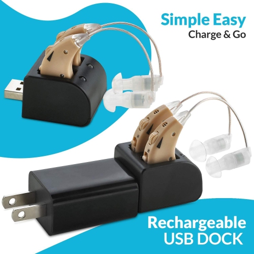 Digital Hearing Amplifier Set - 4 Rechargeable Noise Cancelling Hearing Amplifiers with One Touch Volume Control, No Programming Required,