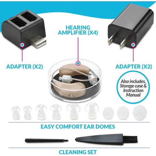 Digital Hearing Amplifier Set - 4 Rechargeable Noise Cancelling Hearing Amplifiers with One Touch Volume Control, No Programming Required,